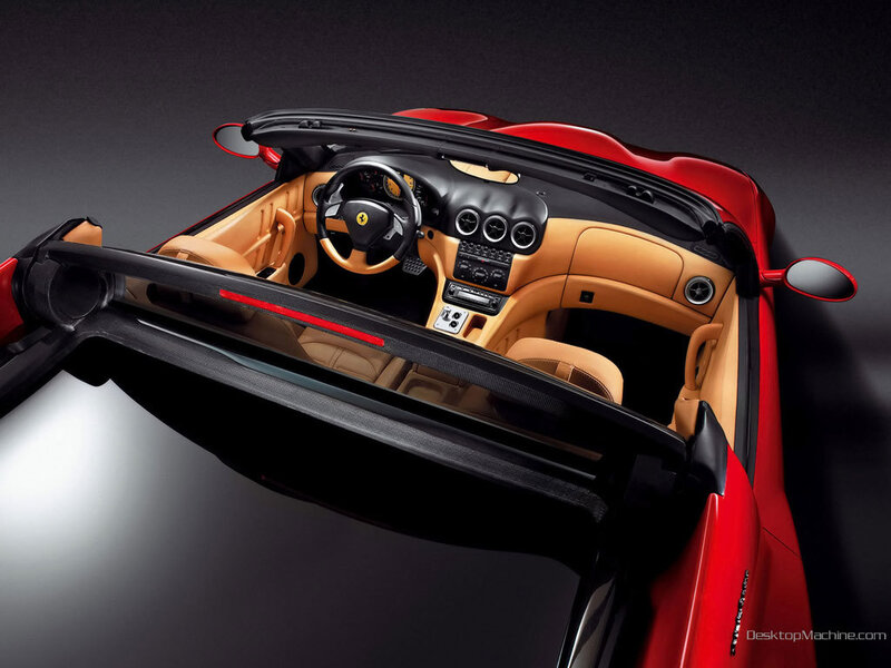 Red Ferrari Convertible — Dramatic, Photograph, Steering Wheel, Dashboard, Interior, Tan, Black