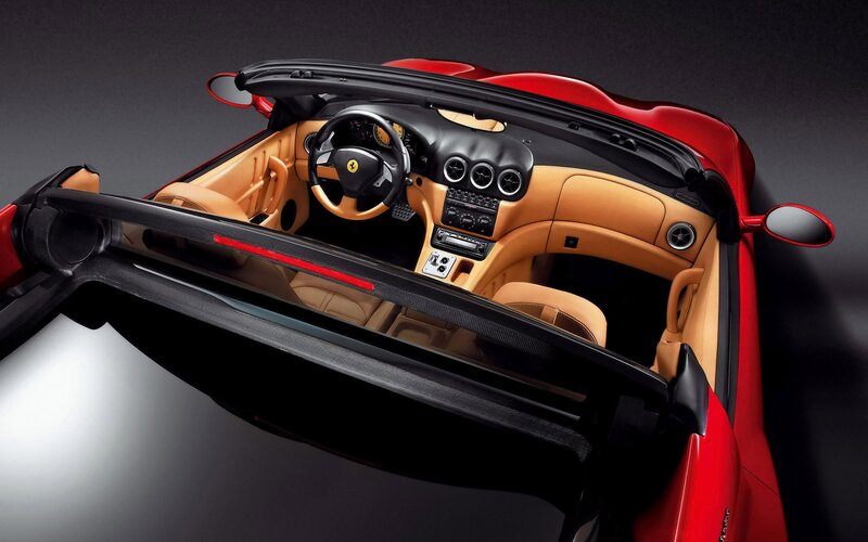 Red Ferrari Convertible — Dramatic, Photograph, Steering Wheel, Dashboard, Interior, Tan