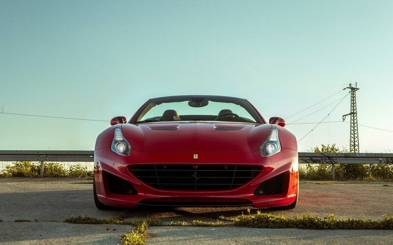 Red Ferrari Convertible — Dramatic, Sunset, Photograph, Car, Guardrail