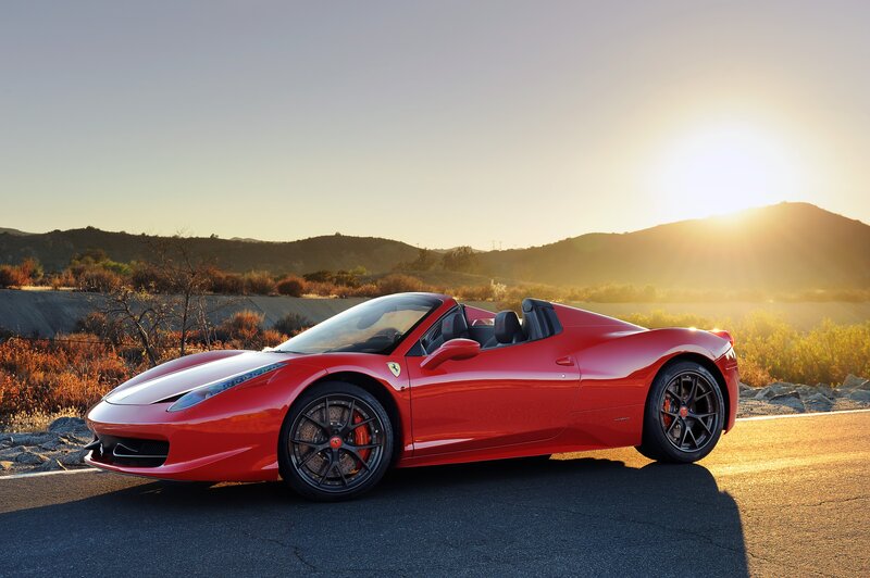 Red Ferrari Convertible — Dramatic, Sunset, Photograph, Car, Road