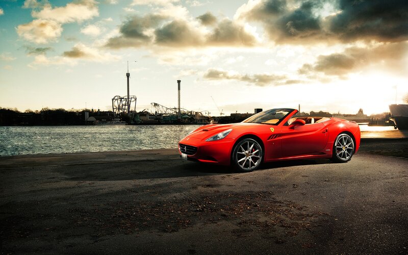 Red Ferrari Convertible — Dramatic, Sunset, Photograph, Car, Water, Roller Coaster