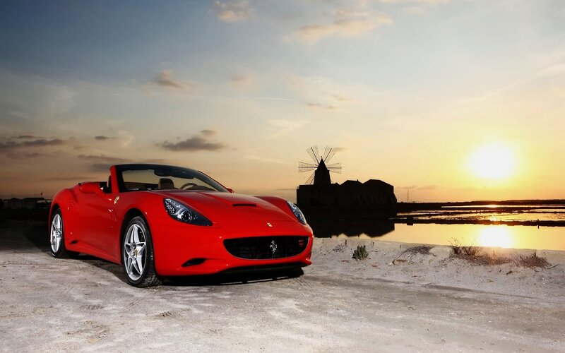 Red Ferrari Convertible — Dramatic, Sunset, Photograph