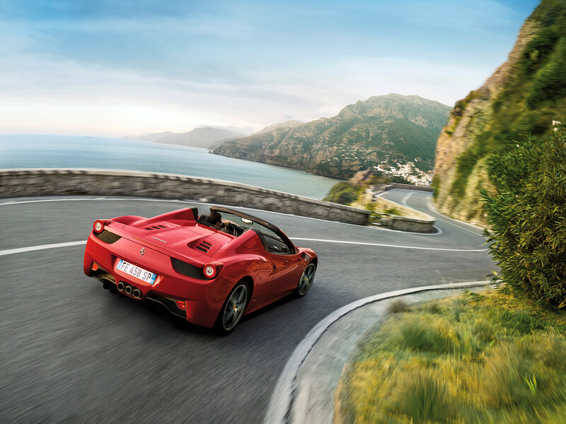 Red Ferrari Convertible — Dynamic, Afternoon, Photograph, Car, Coastal Road