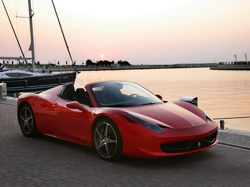 Red Ferrari Convertible — Serene, Sunset, Photograph, Boat