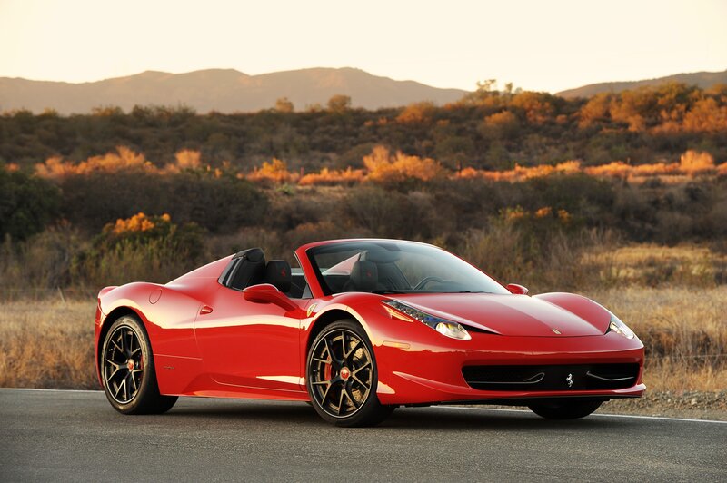 Red Ferrari Convertible — Serene, Sunset, Photograph, Car, Road, Mountains
