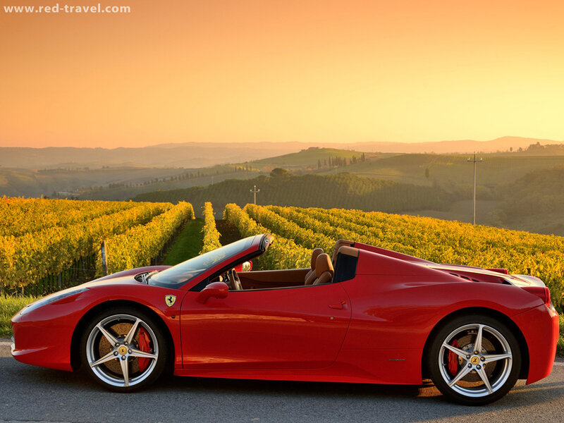 Red Ferrari Convertible — Serene, Sunset, Photograph, Vineyard