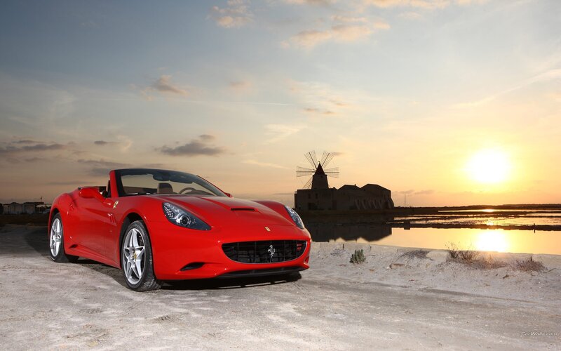 Red Ferrari Convertible — Serene, Sunset, Photograph, Windmill, Salt Flats, Yellow
