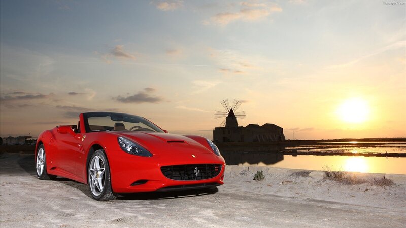 Red Ferrari Convertible — Serene, Sunset, Photograph, Windmill