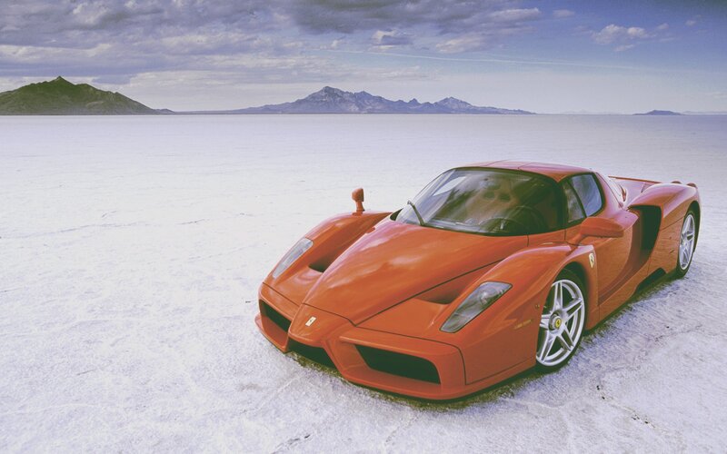 Red Ferrari Enzo — Dramatic, Afternoon, Photograph, Salt Flat