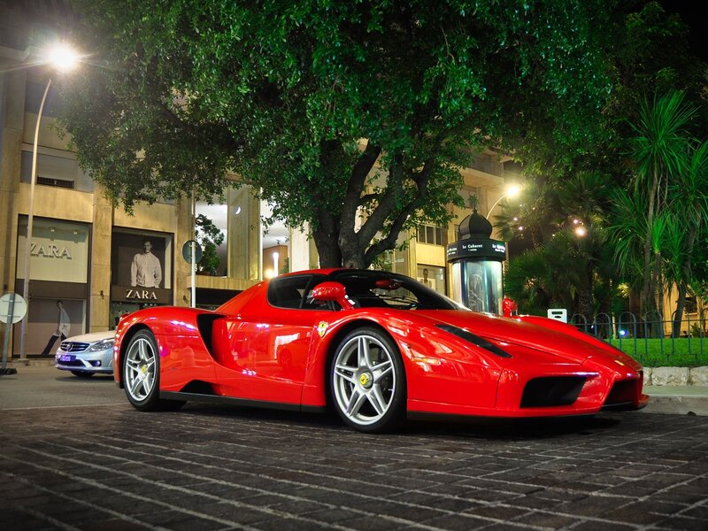 Red Ferrari Enzo — Dramatic, Night, Photograph, Car, Tree, Building