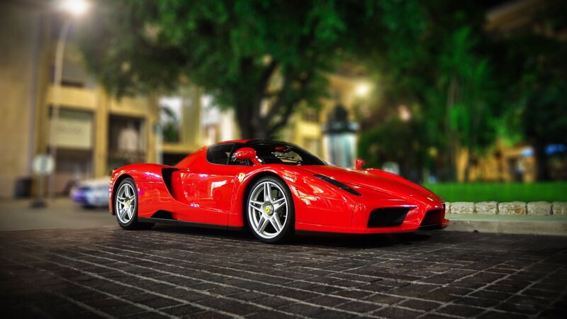 Red Ferrari Enzo — Dramatic, Night, Photograph, Car, Trees