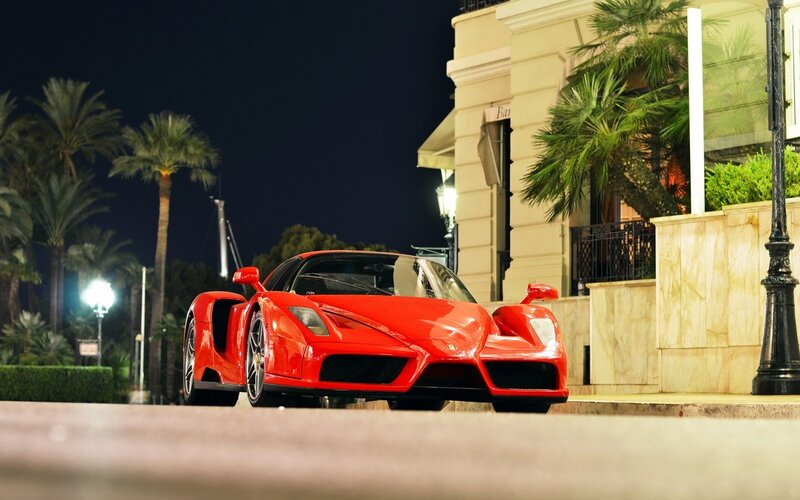 Red Ferrari Enzo — Dramatic, Night, Photograph, Palm Trees