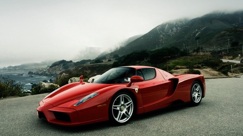 Red Ferrari Enzo — Dramatic, Photograph, Coastline, Mountain