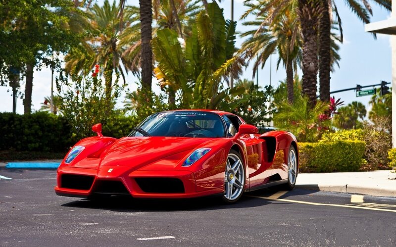 Red Ferrari Enzo — Sunny, Afternoon, Photograph, Palm Trees, Hedge, Street Sign