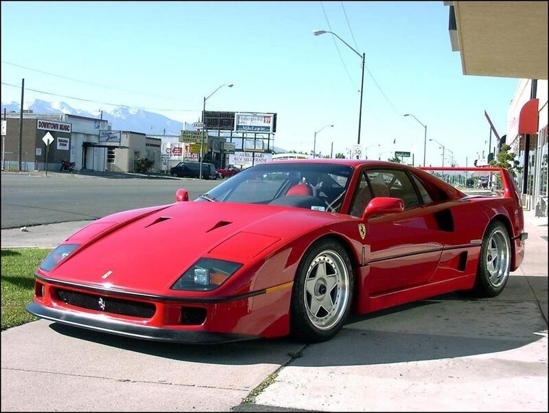 Red Ferrari F40 — Calm, Afternoon, Photograph, Car, Building, Mountain