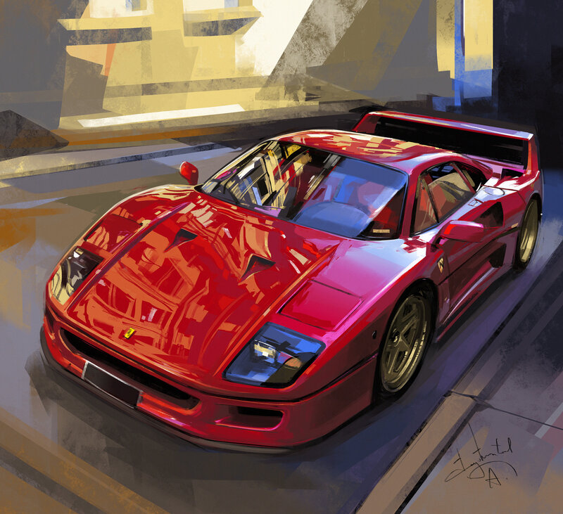 Red Ferrari F40 — Dramatic, Afternoon, Digital Art