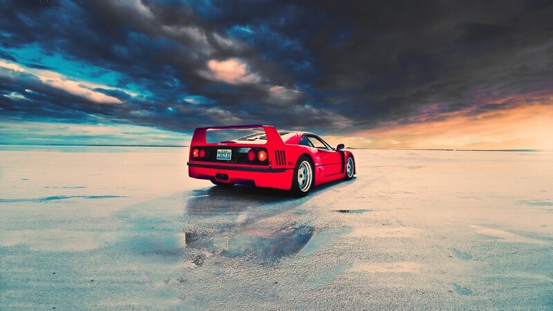 Red Ferrari F40 — Dramatic, Sunset, Photograph, Car, Salt Flat