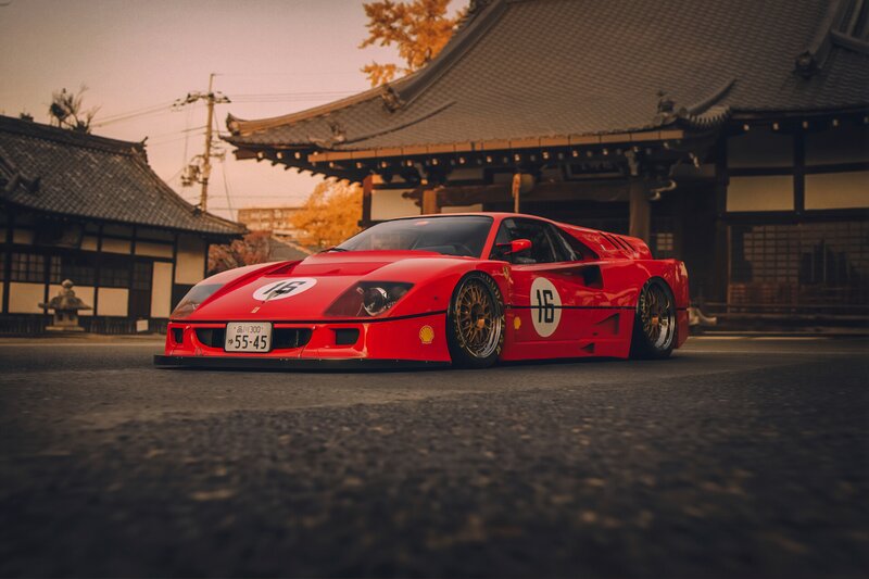 Red Ferrari F40 — Dramatic, Sunset, Photograph, Temple, Car