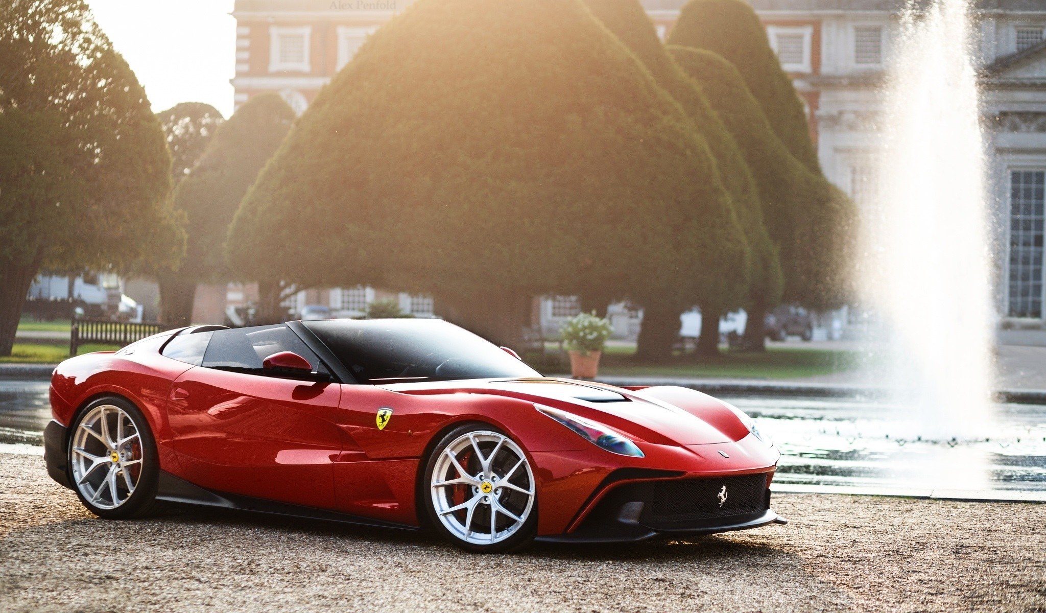 Red Ferrari in a garden