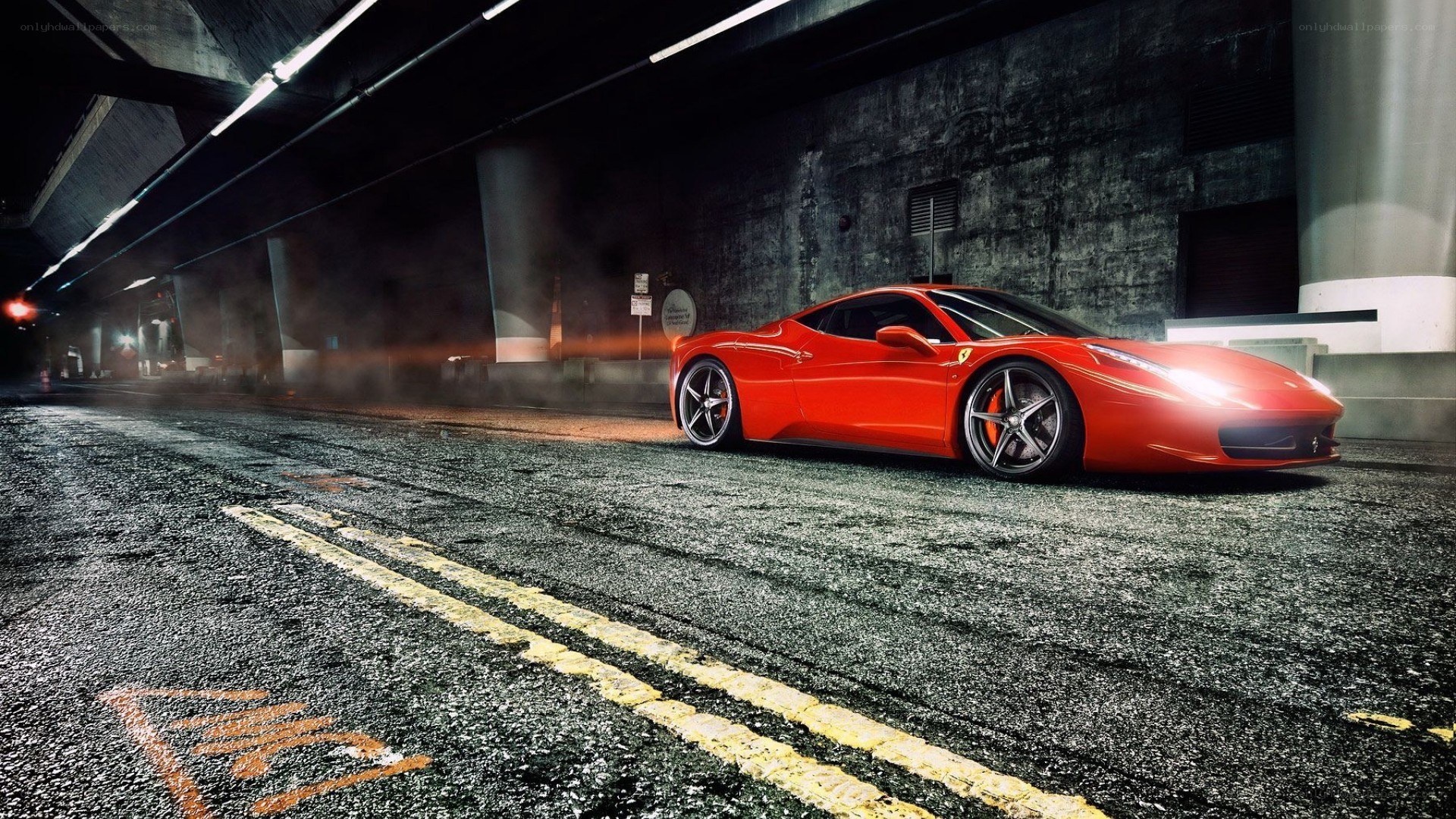 Red Ferrari in a tunnel