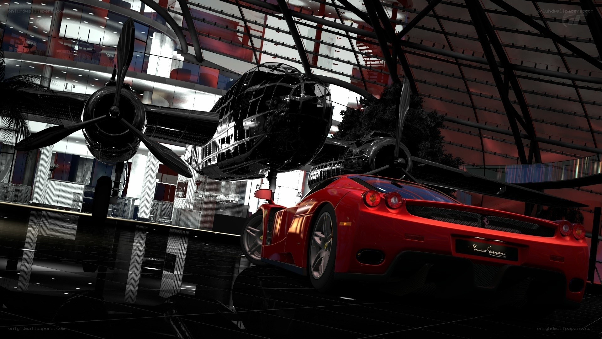 Red Ferrari in aircraft hall