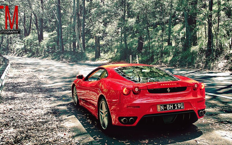 Red Ferrari in forest road