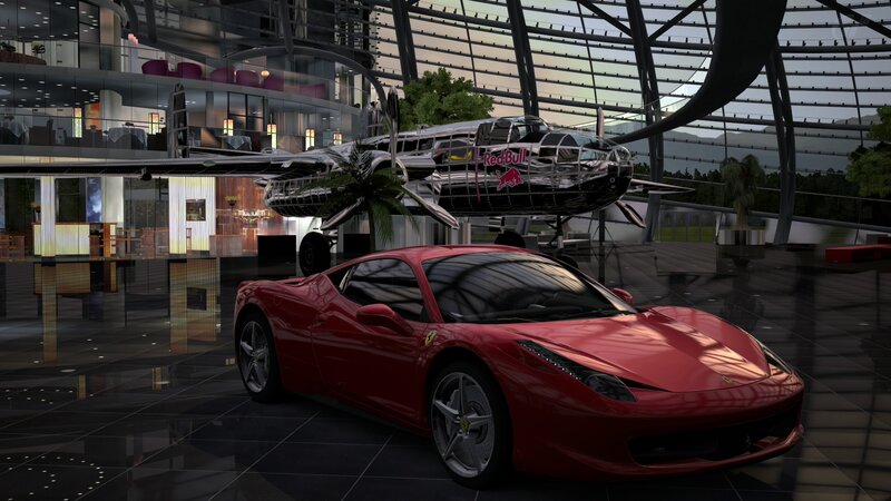 Red Ferrari in modern lobby