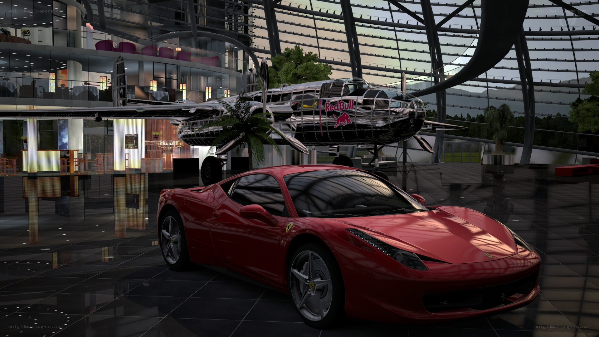 Red Ferrari in modern lobby