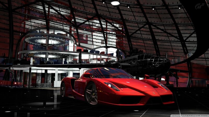 Red Ferrari in modern showroom