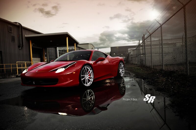 Red Ferrari in Puddle — Dramatic, Sunset