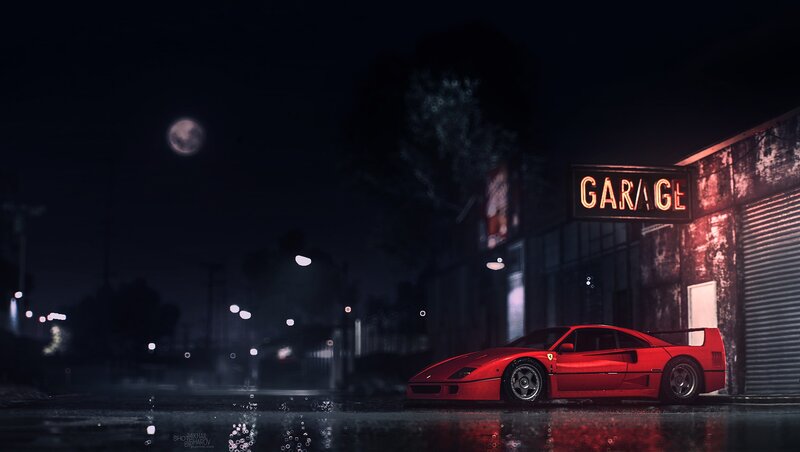 Red Ferrari in Rain — Dramatic, Night, Digital Art