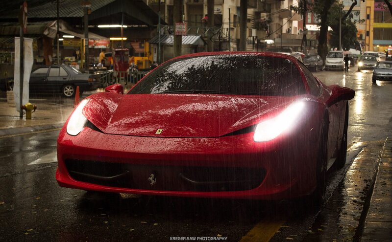 Red Ferrari in Rain — Dramatic, Night