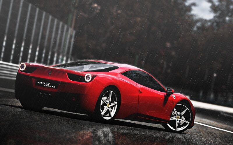 Red Ferrari in Rain — Dramatic