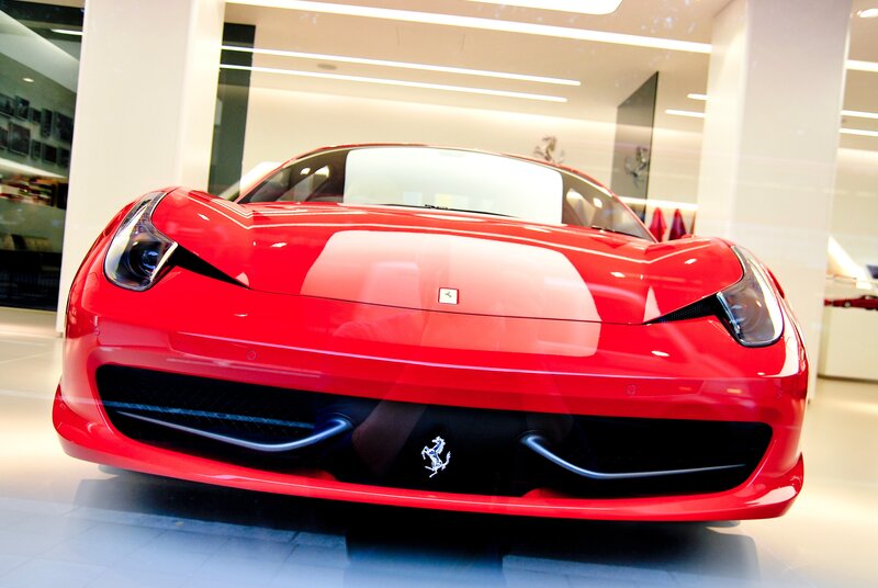Red Ferrari in showroom