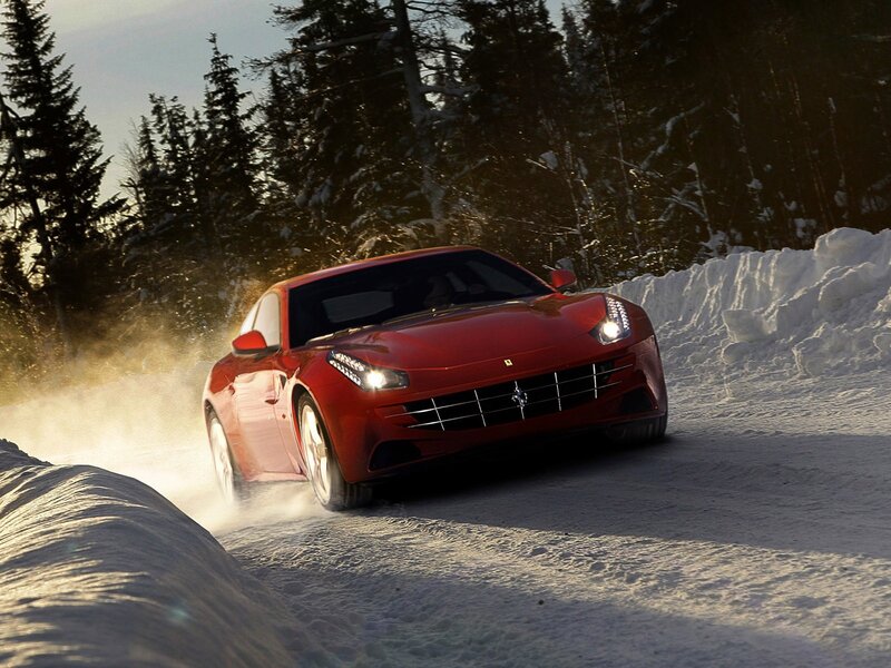 Red Ferrari in Snow — Dramatic, Winter