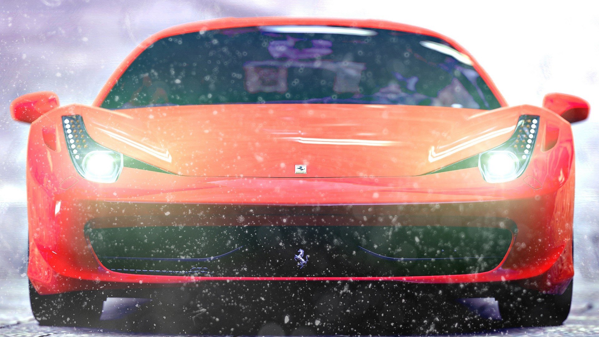 Red Ferrari in snowstorm
