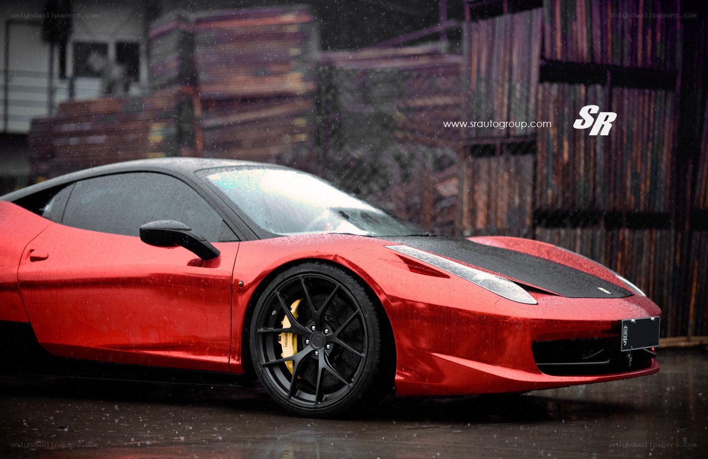 red ferrari in the rain