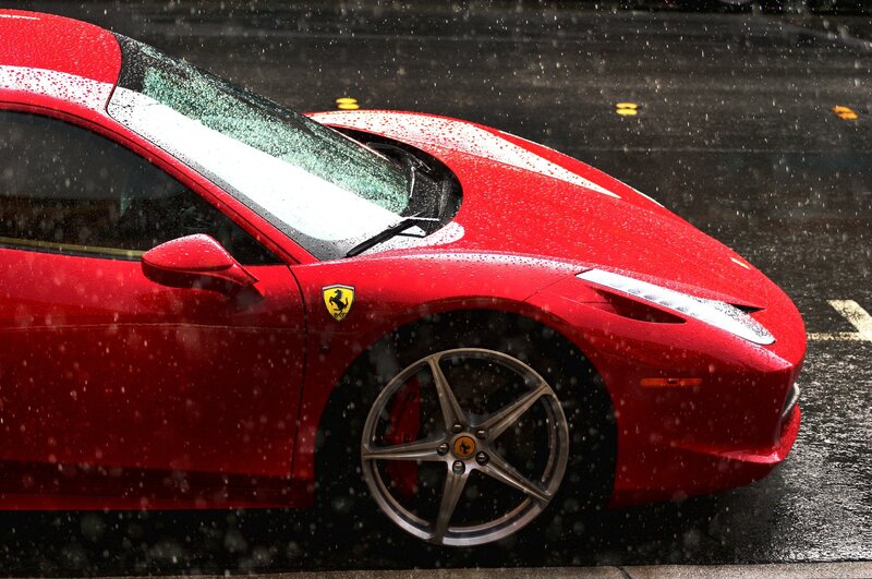 Red Ferrari in the rain