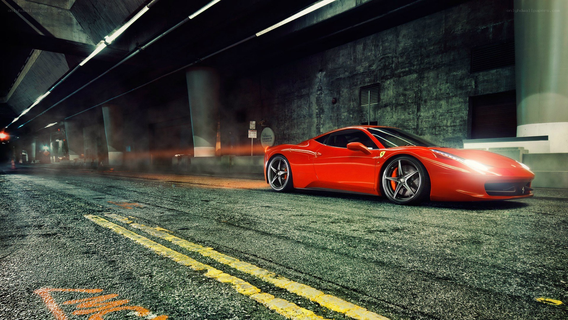 Red Ferrari in tunnel