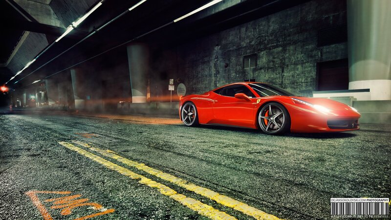 Red Ferrari in Tunnel — Dramatic, Night, Photograph