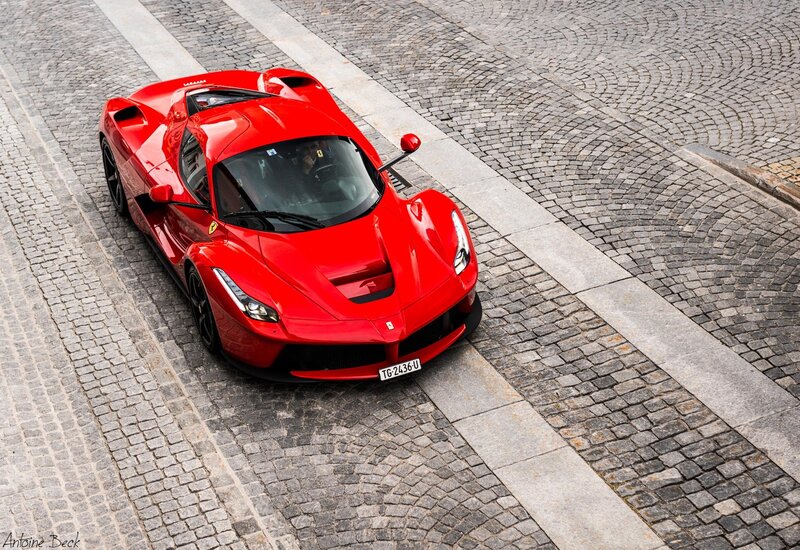 Red Ferrari Laferrari — Dramatic, Photograph, Car, Cobblestone Street