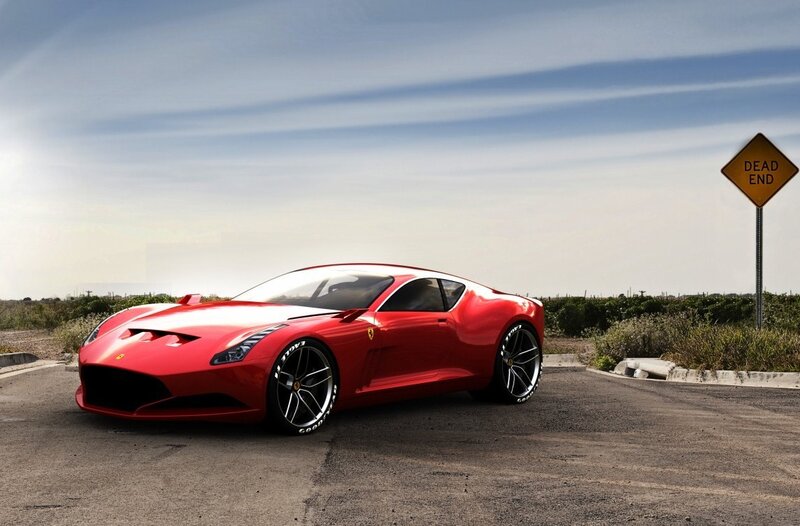 Red Ferrari on a dead end road
