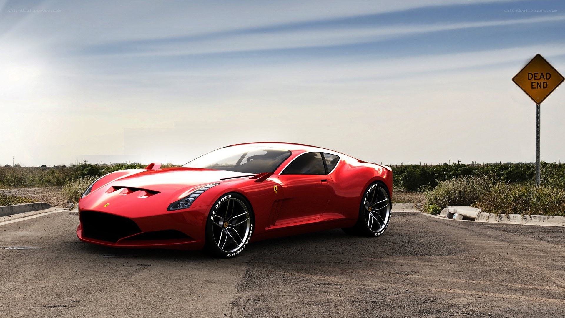 Red Ferrari on a dead end road
