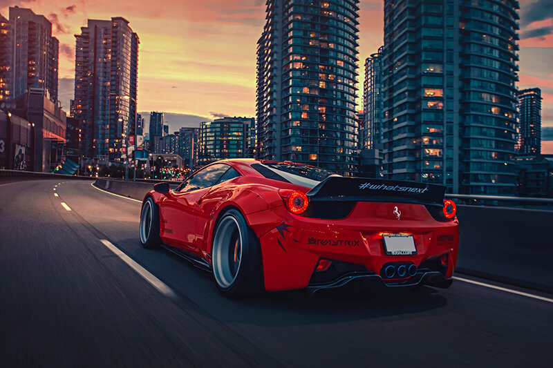 Red Ferrari on Highway — Dramatic, Sunset