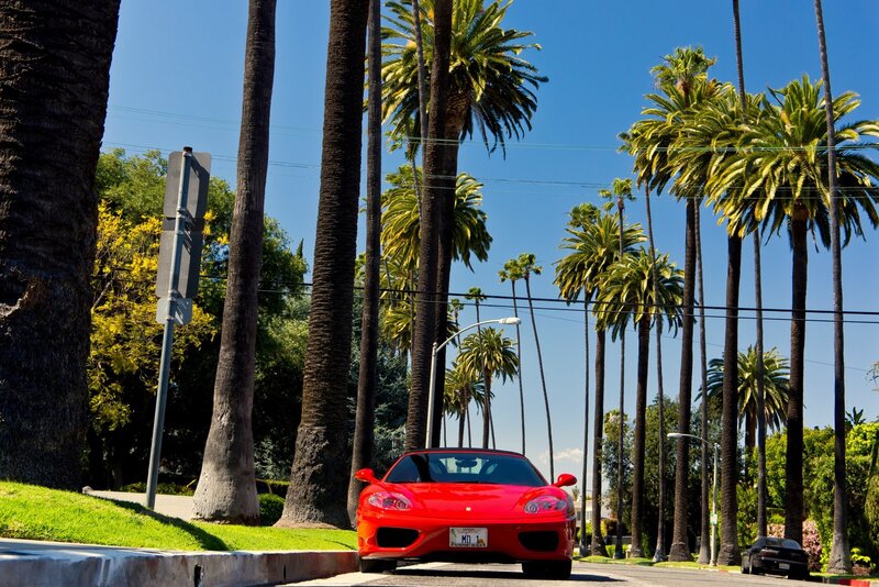 Red Ferrari on palm-lined street