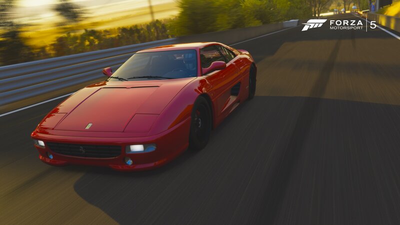 Red Ferrari on Racetrack — Dynamic, Sunset