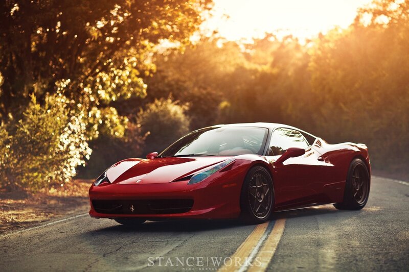 Red Ferrari on Road — Dramatic, Sunset, Photograph, Car