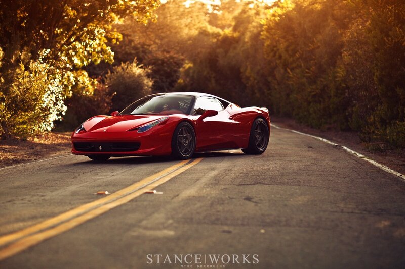 Red Ferrari on Road — Dramatic, Sunset, Photograph, Car, Trees