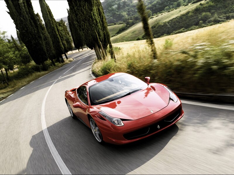 Red Ferrari on Road — Dynamic, Afternoon, Photograph, Car, Trees, Hills
