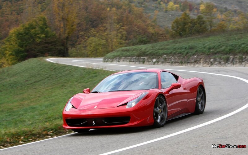 Red Ferrari on Road — Dynamic, Autumn, Photograph